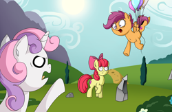 Size: 3900x2550 | Tagged: safe, artist:zsparkonequus, apple bloom, scootaloo, sweetie belle, pony, parental glideance, balloon, cutie mark crusaders, female, filly, floating, mare, mountain, sun, this will end in tears and/or death, trio