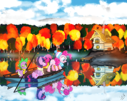 Size: 1357x1085 | Tagged: safe, artist:dsana, pinkie pie, spike, twilight sparkle, twilight sparkle (alicorn), alicorn, dragon, earth pony, pony, autumn, boat, clothes, commission, female, forest, hat, house, mare, one eye closed, reflection, scarf, self ponidox, water, wink