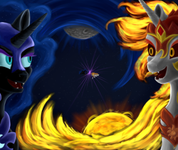 Size: 1024x865 | Tagged: safe, artist:com3tfire, daybreaker, nightmare moon, alicorn, pony, a royal problem, fight, laughing, moon, stars