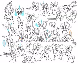 Size: 3000x2500 | Tagged: safe, artist:life of a little blue horse, oc, oc only, oc:tipsey, pony, unicorn, clothes, gun, jumping, magic, now you're thinking with portals, paws, portal, prone, rearing, running, sketch, sleeping, socks, sword, weapon