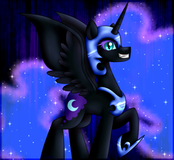 Size: 1303x1200 | Tagged: safe, artist:lada03, nightmare moon, alicorn, pony, grin, raised hoof, smiling, solo, spread wings, wings