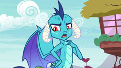 Size: 1280x720 | Tagged: safe, screencap, princess ember, dragon, triple threat, angry, betrayed, claws, dragoness, female, hand on chest, hand on hip, horns, insulted, looking down, open mouth, ponyville, solo, spread wings, talking, wings