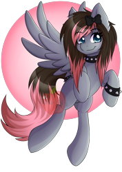 Size: 2480x3507 | Tagged: safe, artist:nana-yuka, oc, oc only, pegasus, pony, blue eyes, blushing, bow, brown mane, collar, female, flying, looking at you, mare, red mane, smiling, solo, spiked collar, spiked wristband, wristband