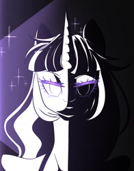 Size: 1000x1277 | Tagged: safe, artist:clefficia, twilight sparkle, twilight sparkle (alicorn), alicorn, pony, bust, glasses, portrait, shadow, solo