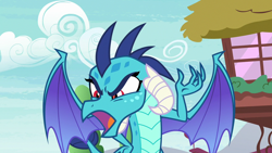 Size: 1280x720 | Tagged: safe, screencap, princess ember, dragon, triple threat, angry, betrayed, claws, dragoness, ember is not amused, female, furious, glare, horns, insulted, looking at someone, looking down, narrowed eyes, offended, open mouth, ponyville, raised arm, solo, spread wings, talking