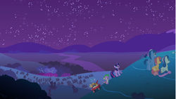 Size: 1280x720 | Tagged: safe, screencap, blues, bon bon, noteworthy, spike, sweetie drops, twilight sparkle, dragon, earth pony, pegasus, pony, unicorn, owl's well that ends well, background pony, female, food, male, mare, mountain, night, outdoors, punch (drink), punch bowl, sitting, sky, stallion, stargazing, wagon, walking