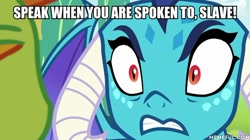 Size: 600x337 | Tagged: safe, edit, edited screencap, screencap, princess ember, thorax, changedling, changeling, dragon, triple threat, caption, image macro, king thorax, meme