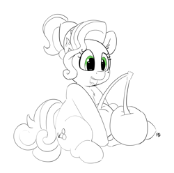 Size: 7651x7592 | Tagged: safe, artist:pabbley, cherry jubilee, earth pony, pony, 30 minute art challenge, absurd resolution, cherry, food, giant food, monochrome, open mouth, partial color, sitting, sketch, solo