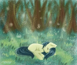 Size: 2522x2160 | Tagged: safe, artist:amaliyacloud, oc, oc only, butterfly, earth pony, pony, crepuscular rays, forest, grass, lying, on side, sleeping, solo