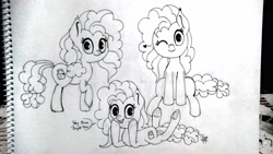 Size: 4864x2736 | Tagged: safe, artist:kimjoman, pear butter, pony, the perfect pear, absurd resolution, anatomically incorrect, cute, female, heart, incorrect leg anatomy, looking at you, lying, monochrome, one eye closed, simple background, sitting, smiling, solo, traditional art, wink