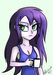 Size: 800x1137 | Tagged: safe, artist:wubcakeva, oc, oc only, oc:esbern, equestria girls, breasts, cleavage, clothes, cup, equestria girls-ified, female, green eyes, signature, solo, tanktop