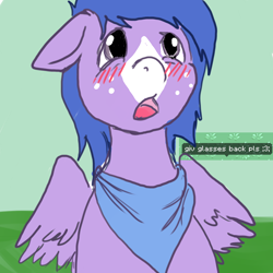 Size: 750x750 | Tagged: safe, artist:tacodeltaco, oc, oc only, oc:button, pegasus, pony, blushing, dialogue, freckles, looking at you, missing accessory, neckerchief, pony town, simple background, solo