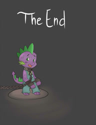 Size: 1024x1335 | Tagged: safe, artist:antelon, spike, dragon, comic:the debt, bad end, bound, chains, collar, cuffed, cuffs, male, overalls, slave, solo, tally marks