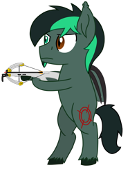 Size: 1200x1600 | Tagged: safe, artist:toyminator900, oc, oc only, oc:target strike, bat pony, bat pony oc, commission, crossbow, heterochromia, race swap, simple background, slit eyes, solo, transparent background, unshorn fetlocks, weapon