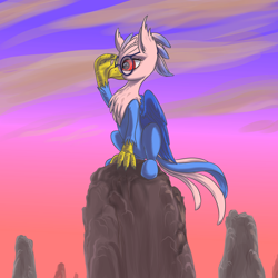 Size: 2000x2000 | Tagged: safe, artist:kovoranu, oc, oc only, oc:vivian iolani, classical hippogriff, hippogriff, cloud, cloudy, female, glasses, red eyes, simple background, solo, sunset