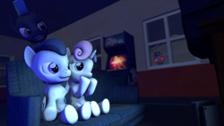 Size: 3840x2160 | Tagged: safe, artist:viranimation, rumble, sweetie belle, thunderlane, pegasus, pony, unicorn, 3d, arcade machine, colt, female, filly, hoof biting, male, movie, night, playstation 2, rumbelle, rumblebot, scared, shipping, source filmmaker, straight, television