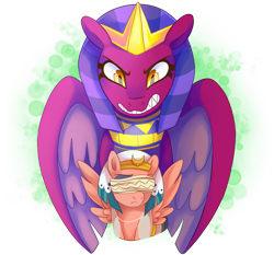 Size: 3000x2800 | Tagged: safe, artist:sacredroses-art, somnambula, sphinx (character), pegasus, pony, sphinx, daring done?, blindfold, female, grin, mare, sharp teeth, simple background, smiling, teeth, transparent background