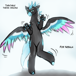 Size: 2000x2000 | Tagged: safe, artist:lumineko, oc, oc only, oc:turntable, classical hippogriff, hippogriff, beak, both cutie marks, claws, cutie mark, dancing, feather, hippogriff oc, hooves, male, solo, standing, standing on one leg, talons, unshorn fetlocks, wings
