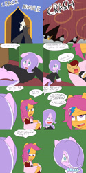 Size: 1600x3200 | Tagged: safe, artist:jake heritagu, diamond tiara, scootaloo, oc, oc:lightning blitz, pegasus, pony, comic:ask motherly scootaloo, baby, baby pony, clothes, colt, comic, crying, dialogue, dress, female, hair over one eye, hairpin, holding a pony, male, mother and child, mother and son, motherly scootaloo, offspring, older, older diamond tiara, older scootaloo, parent and child, parent:rain catcher, parent:scootaloo, parents:catcherloo, speech bubble, tuxedo