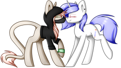 Size: 2560x1440 | Tagged: safe, artist:despotshy, oc, oc only, oc:drawing heart, earth pony, pony, unicorn, art trade, augmented tail, clothes, female, hoodie, mare, mask, nuzzling, simple background, transparent background