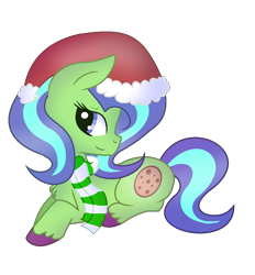 Size: 937x1011 | Tagged: safe, artist:theapplebeauty, oc, oc only, earth pony, pony, christmas, clothes, female, hat, holiday, mare, prone, santa hat, scarf, simple background, solo, transparent background