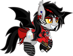 Size: 1591x1233 | Tagged: safe, artist:lightningbolt, derpibooru exclusive, oc, oc only, oc:lightning dee, bat pony, pony, .svg available, bat wings, bow, bring me the horizon, cellphone, choker, clandestine industries, clothes, colored sclera, dyed mane, ear bow, ear fluff, ear piercing, earbuds, earring, emo, eyeliner, eyeshadow, fangs, female, fingerless gloves, flying, frnkiero andthe cellabration, gloves, grin, hoodie, hoof hold, jewelry, makeup, mare, messy mane, minecraft, necklace, nose piercing, panic! at the disco, phone, piercing, race swap, simple background, sleeping with sirens, slit eyes, smartphone, smiling, socks, solo, spiked choker, spiked wristband, striped socks, svg, tail bow, transparent background, vector, wristband