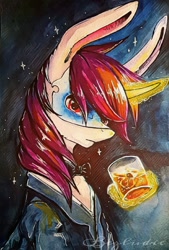 Size: 840x1240 | Tagged: safe, artist:bezludie, oc, oc only, oc:lapush buns, pony, bowtie, bunnycorn, clothes, glass, traditional art