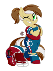 Size: 1500x2000 | Tagged: safe, artist:notenoughapples, oc, oc only, oc:first down, pony, unicorn, american football, bipedal, clothes, commission, female, football helmet, helmet, mare, one eye closed, simple background, solo, transparent background, wink