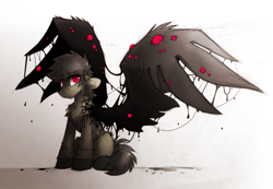 Size: 2487x1721 | Tagged: safe, artist:terror--bite, artist:the--cloudsmasher, oc, oc only, oc:raven rot, sitting, solo, wings