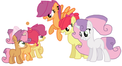 Size: 1436x784 | Tagged: safe, artist:sarahstubbs, apple bloom, scootaloo, sweetie belle, oc, oc:applefire, oc:appleracer, oc:sweet seed, magical lesbian spawn, offspring, parent:apple bloom, parent:babs seed, parent:scootaloo, parent:sweetie belle, parents:babsbelle, parents:scootabloom, shipping