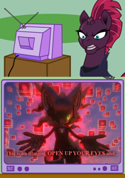 Size: 564x800 | Tagged: safe, tempest shadow, my little pony: the movie, angry, crossover, exploitable meme, infinite (character), meme, obligatory pony, open up your eyes, similarities, sonic forces, sonic the hedgehog (series), tv meme