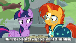 Size: 960x540 | Tagged: safe, edit, edited screencap, screencap, sunburst, twilight sparkle, twilight sparkle (alicorn), alicorn, pony, unicorn, shadow play, caption, female, image macro, male, mare, meme, out of context, ponehenge, shipping, stallion, starswirl's book, straight, twiburst