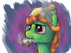 Size: 1600x1200 | Tagged: safe, artist:velvet frame, tree hugger, pony, dreadlocks, drugs, ear fluff, gentlemen, high, implied weed, joint, marijuana, pink eyes, simple background, smiling, smoke, smoking, solo