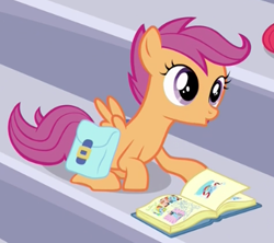 Size: 386x342 | Tagged: safe, screencap, scootaloo, pegasus, pony, parental glideance, book, cropped, cute, cutealoo, female, filly, open mouth, reading, saddle bag, scrapbook, solo