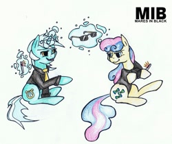 Size: 1500x1258 | Tagged: safe, artist:deltalix, bon bon, lyra heartstrings, sweetie drops, earth pony, pony, unicorn, clothes, crossover, duo, magic, men in black, necktie, neuralizer, shirt, simple background, sunglasses, telekinesis, traditional art