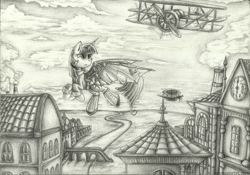 Size: 1024x717 | Tagged: safe, artist:moonlightfl, twilight sparkle, biplane, steampunk, traditional art