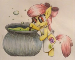 Size: 1024x826 | Tagged: safe, artist:ekakichan, apple bloom, apple bloom's bow, apron, bow, cauldron, clothes, hair bow, solo, traditional art