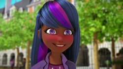 Size: 1280x720 | Tagged: safe, artist:the-75th-hunger-game, edit, twilight sparkle, human, blushing, clothes, cutie mark on clothes, dark skin, humanized, marinette dupain-cheng, miraculous ladybug, solo, tree