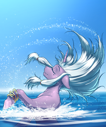 Size: 2375x2850 | Tagged: safe, artist:mykegreywolf, oc, oc only, oc:fates fortune, pony, unicorn, commission, eyes closed, female, majestic, mane flip, mare, ocean, smiling, solo, splash, water, wet mane