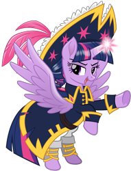 Size: 3100x4050 | Tagged: safe, artist:cheezedoodle96, twilight sparkle, twilight sparkle (alicorn), alicorn, pony, my little pony: the movie, .svg available, belt, captain, captain twilight, clothes, feather, female, frog (hoof), giant hat, glowing horn, hat, hoofy-kicks, looking at you, magic, mare, open mouth, pants, pirate costume, pirate hat, pirate twilight, rearing, simple background, smiling, smirk, solo, spats, spread wings, svg, transparent background, underhoof, uniform, vector, windswept mane, wings