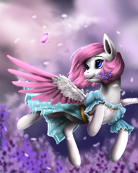 Size: 1200x1500 | Tagged: safe, artist:rossignolet, oc, oc only, oc:lavender, butterfly, pegasus, pony, beautiful, clothes, female, flower, flower in mouth, flying, mare, mouth hold, smiling, solo, spread wings, wings