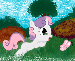 Size: 1562x1269 | Tagged: safe, artist:silversthreads, edit, sweetie belle, butterfly, pony, unicorn, bush, cute, diasweetes, female, filly, grass field, playing, solo, tree