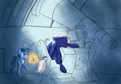 Size: 1200x836 | Tagged: safe, artist:tsitra360, night light, oc, oc:wind, pegasus, pony, unicorn, candle, canterlot, chair, cutie mark, eyes closed, magic, male, night, observatory, screen, shading, simple background, sleeping, slouching, smiling, stallion, table, telescope