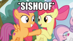 Size: 1000x562 | Tagged: safe, screencap, apple bloom, scootaloo, sweetie belle, pony, marks and recreation, cutie mark crusaders, discovery family logo, happy, hoofbump, image macro, meme