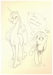 Size: 794x1123 | Tagged: safe, artist:sherwoodwhisper, oc, oc only, oc:eri, classical unicorn, pony, unicorn, cape, clothes, cloven hooves, dialogue, duo, leonine tail, marigold heavenly nostrils, monochrome, phoebe and her unicorn, singing, sketch, traditional art, unshorn fetlocks