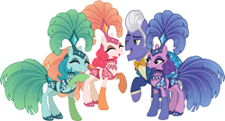 Size: 5612x3000 | Tagged: safe, artist:jeatz-axl, artist:uponia, edit, gladmane, viva las pegasus, absurd resolution, boss, cape, clothes, eyes closed, flirting, foursome, laughing, midriff, necktie, open mouth, performer, raised hoof, show mares, showgirl, simple background, transparent background, vector