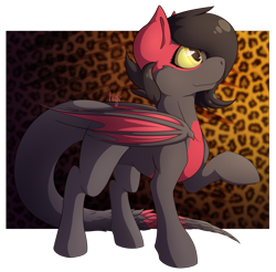 Size: 1689x1665 | Tagged: safe, artist:najti, oc, oc only, bat pony, dragon, hybrid, pegasus, pony, brave, comm, commission, dragonified, folded wings, full body, fullbody, golden eyes, happy, hoof in air, hooves, looking up, red and black oc, shading, solo, species swap, spikes, standing, tail, textured background, wings