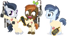 Size: 1489x747 | Tagged: safe, artist:jawsandgumballfan24, button mash, rumble, shady daze, pony, bipedal, clothes, cosplay, costume, cute, ghostbusters, pke meter, proton pack, simple background, white background