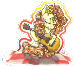 Size: 2860x2545 | Tagged: safe, artist:gaelledragons, pear butter, pony, the perfect pear, eyes closed, flower, flower in hair, guitar, high res, picnic blanket, simple background, solo, transparent background