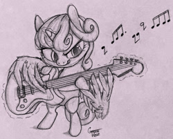 Size: 1251x1005 | Tagged: safe, artist:gracewolf, princess flurry heart, alicorn, pony, diaper, guitar, magic, music notes, pencil drawing, sketch, solo, traditional art, wing hands